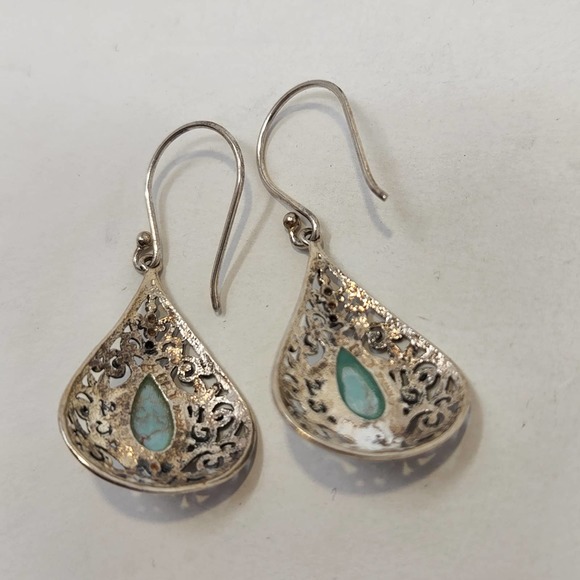 Sterling Silver 925 Blue Stone Teardrop Dangle Drop Hook Earrings Filigree - Picture 3 of 5